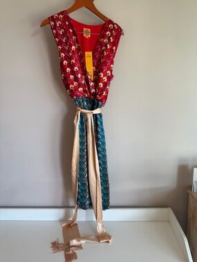 Tory Burch Darya Dress Red Blue Mixed Print Sleeveless Tassel Belt New 14